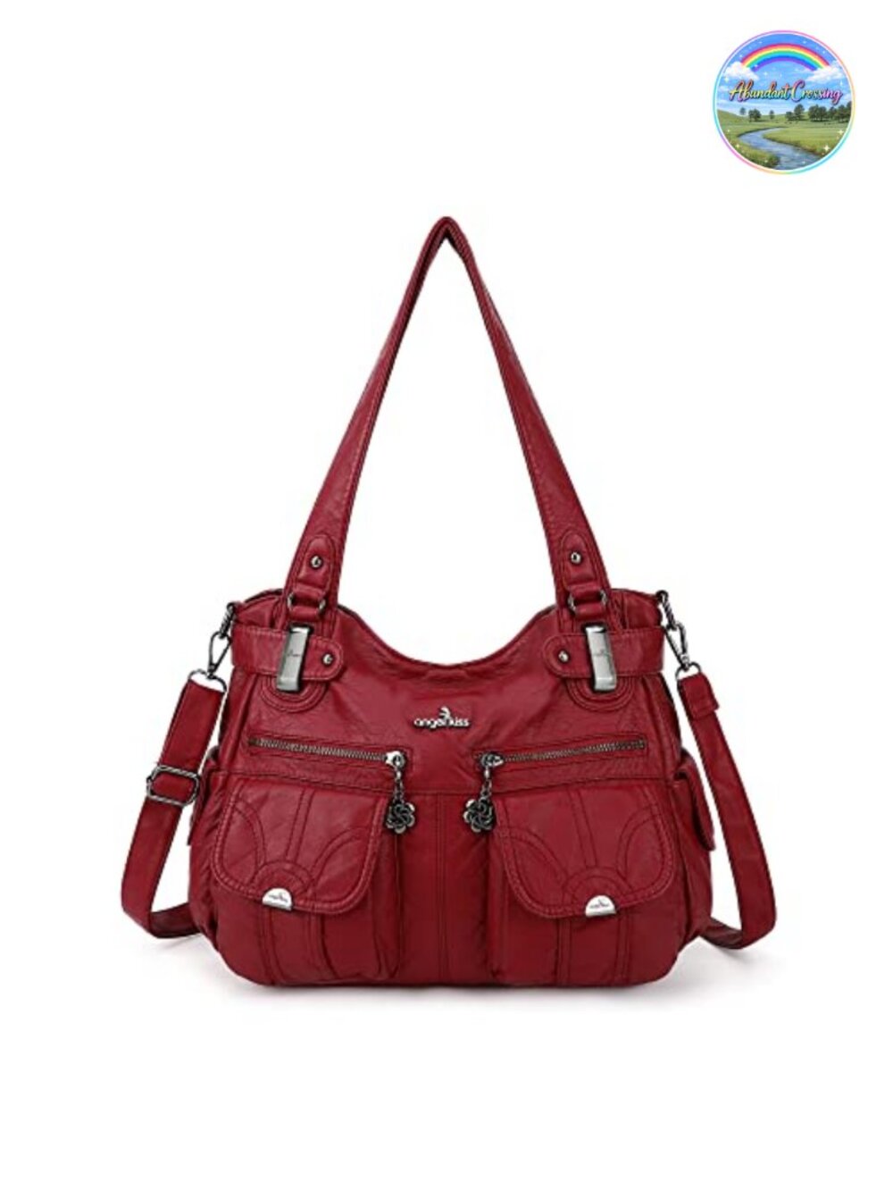 Washed PU Leather Tote Handbag Large Double Zipper Multi Pocket Purse